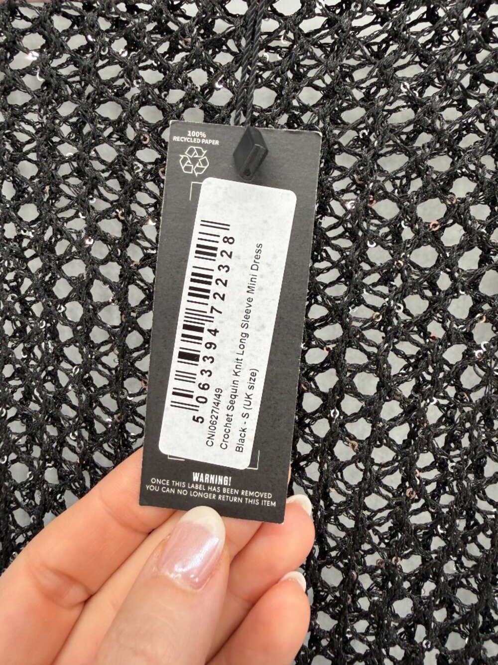 PRETTY LITTLE THING Crochet Sequin Knit LS Cover Up Mini Dress in BLACK NEW S - Picture 5 of 9
